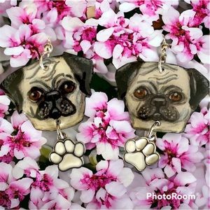 Pug dogs handpainted earrings dangle OOAK